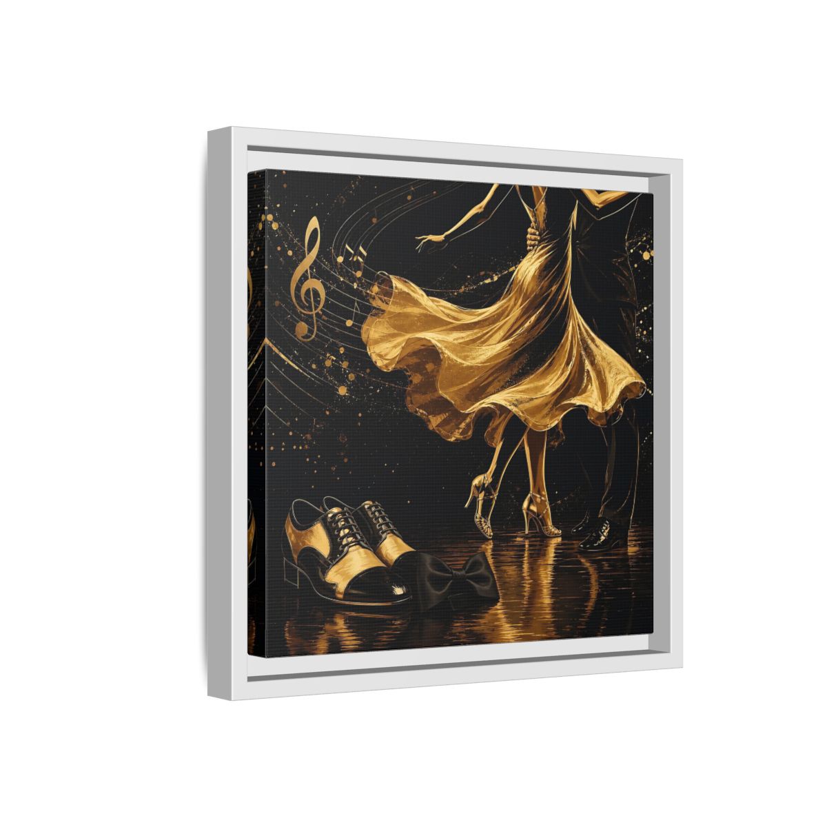 Side Mockup 16. Abstract Dancing Couple Black And Gold shown as framed canvas print