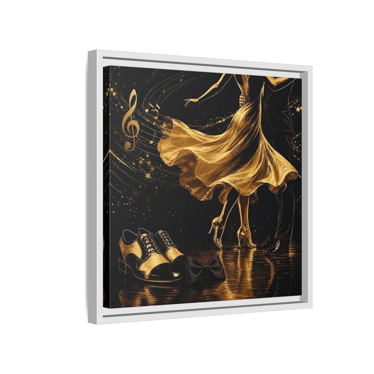 Side Mockup 13. Abstract Dancing Couple Black And Gold shown as framed canvas print