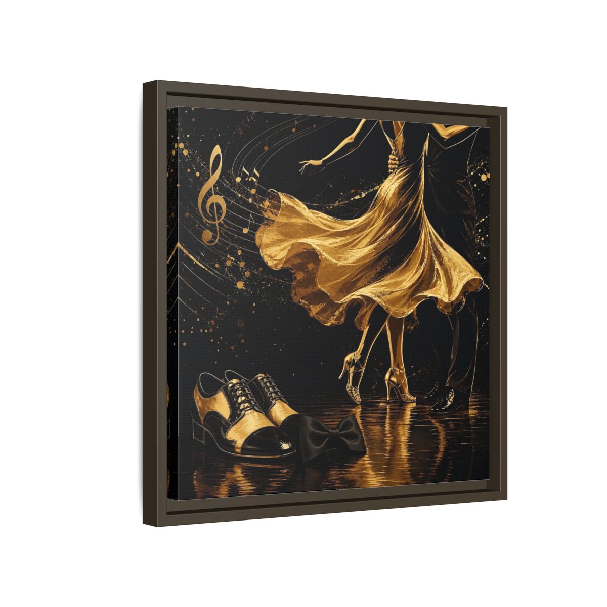 Side Mockup 14. Abstract Dancing Couple Black And Gold shown as framed canvas print