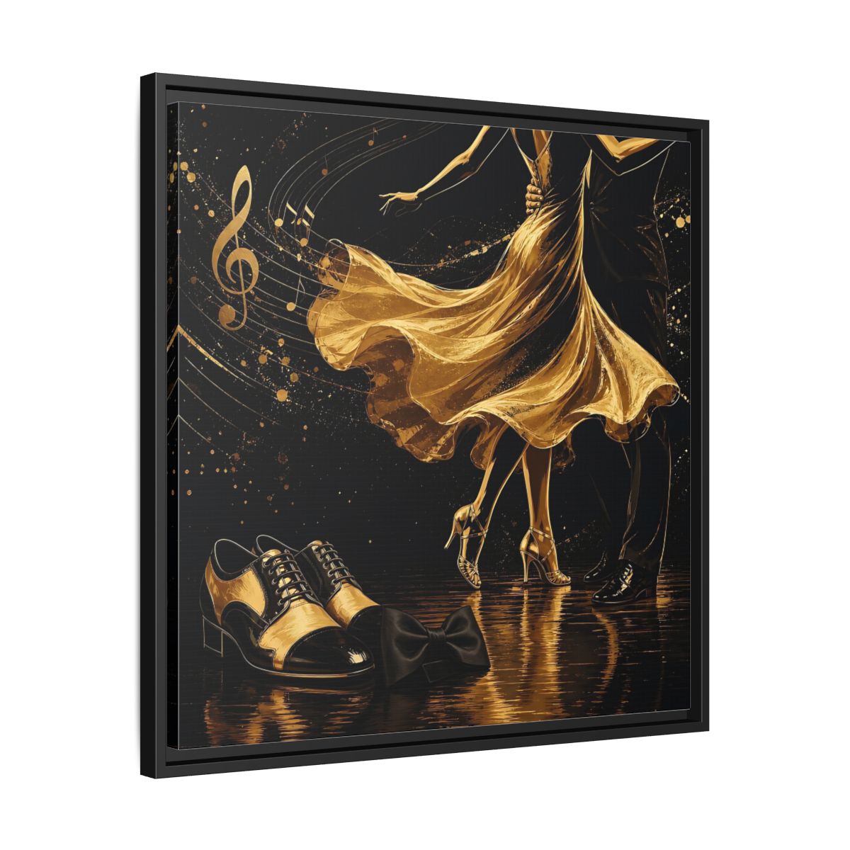 Side Mockup 31. Abstract Dancing Couple Black And Gold shown as framed canvas print