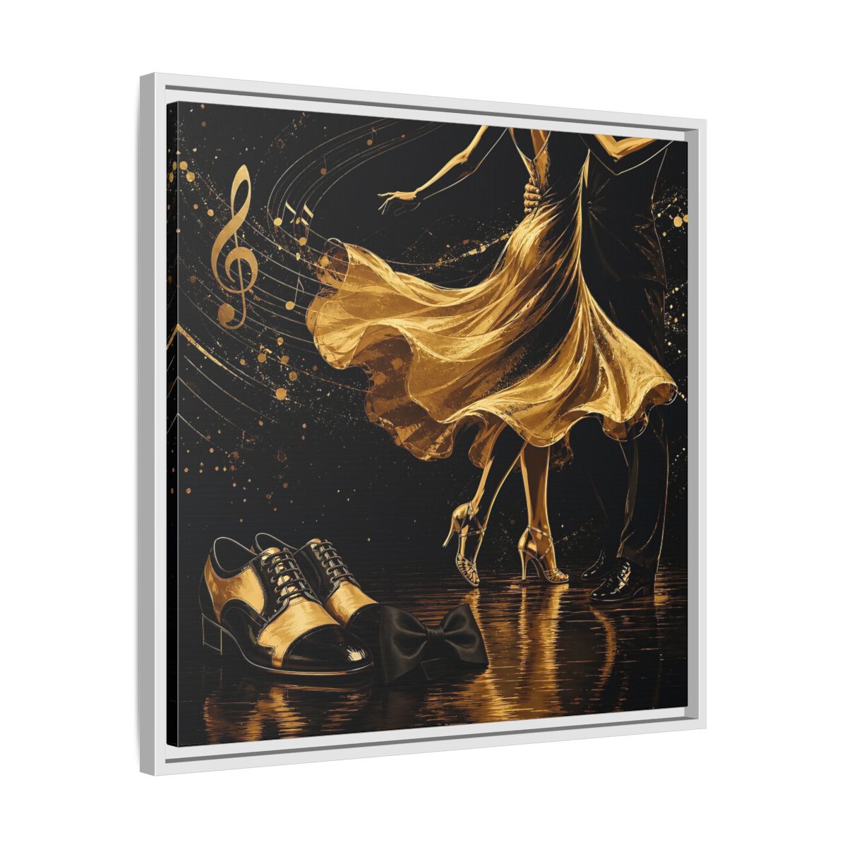 Side Mockup 26. Abstract Dancing Couple Black And Gold shown as framed canvas print
