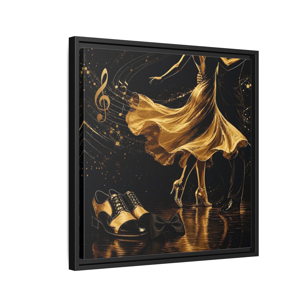Side Mockup 12. Abstract Dancing Couple Black And Gold shown as framed canvas print