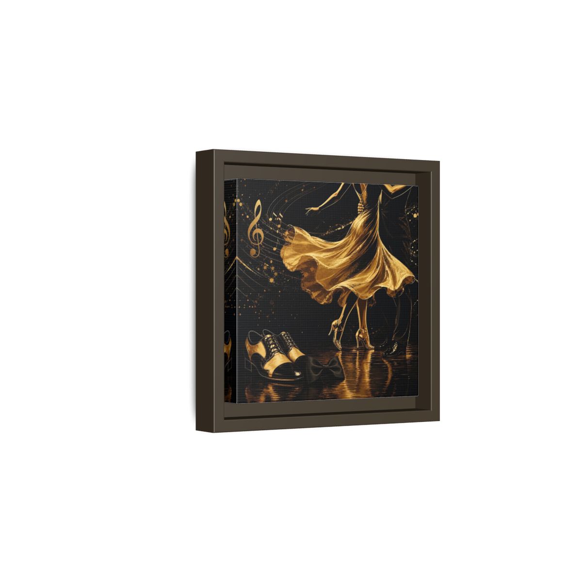 Side Mockup 2. Abstract Dancing Couple Black And Gold shown as framed canvas print