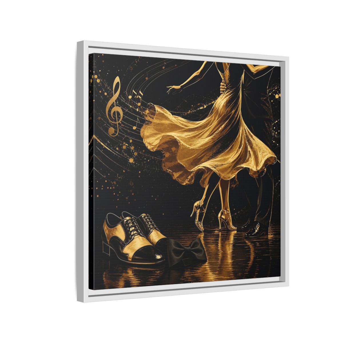 Side Mockup 10. Abstract Dancing Couple Black And Gold shown as framed canvas print
