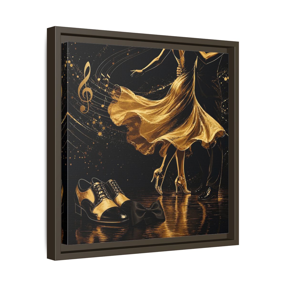Side Mockup 29. Abstract Dancing Couple Black And Gold shown as framed canvas print