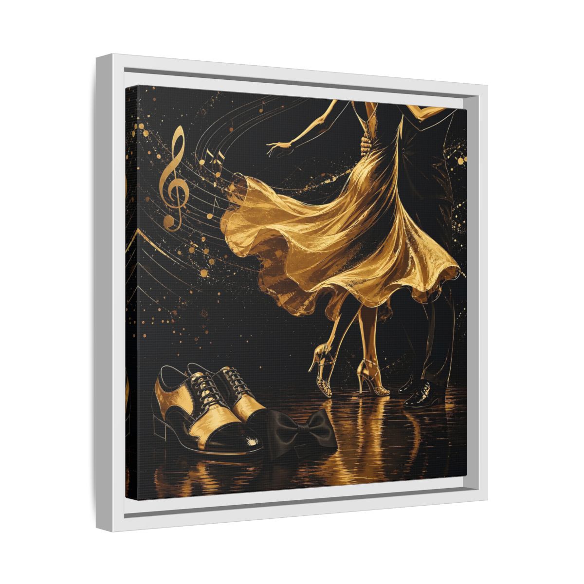 Side Mockup 28. Abstract Dancing Couple Black And Gold shown as framed canvas print