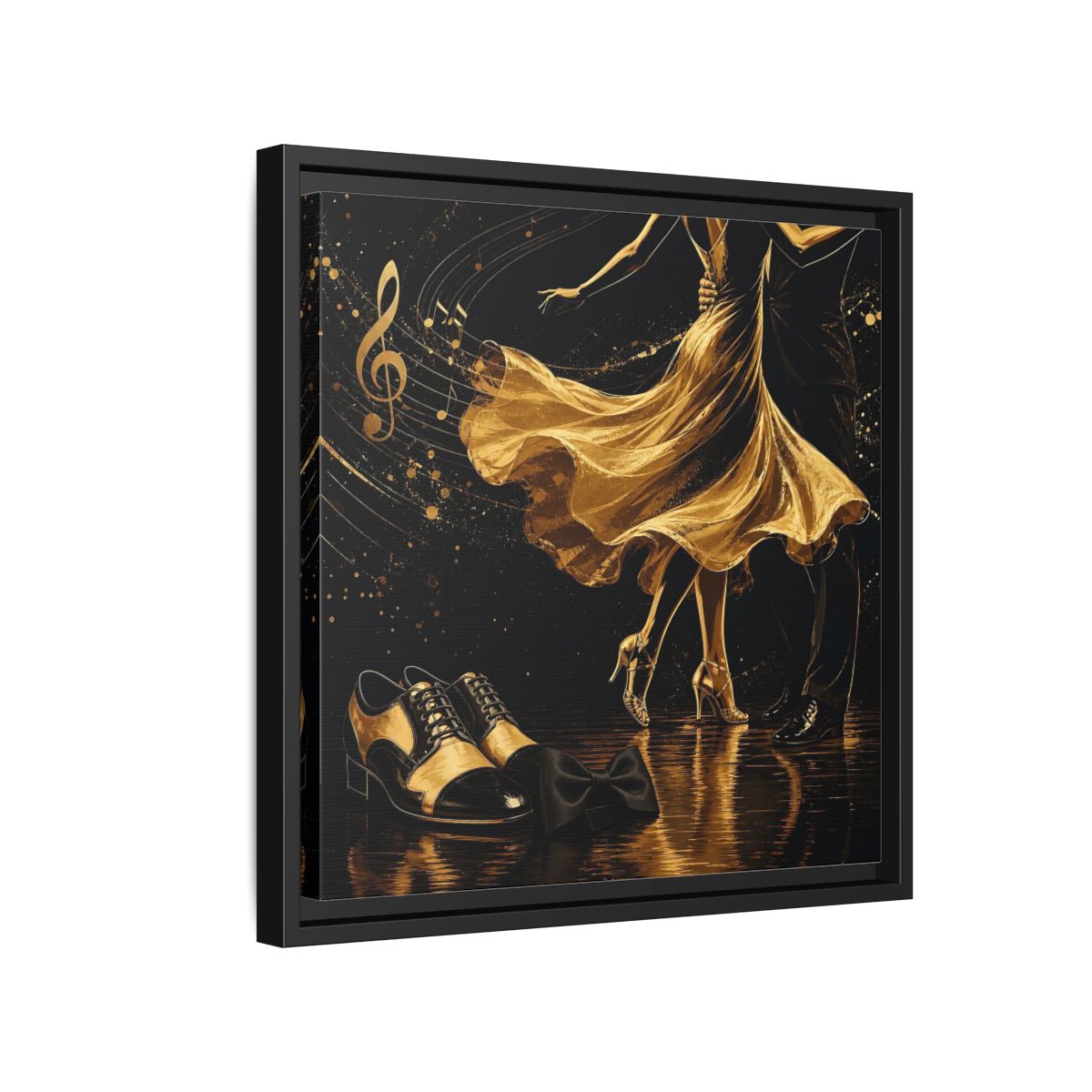 Side Mockup 15. Abstract Dancing Couple Black And Gold shown as framed canvas print