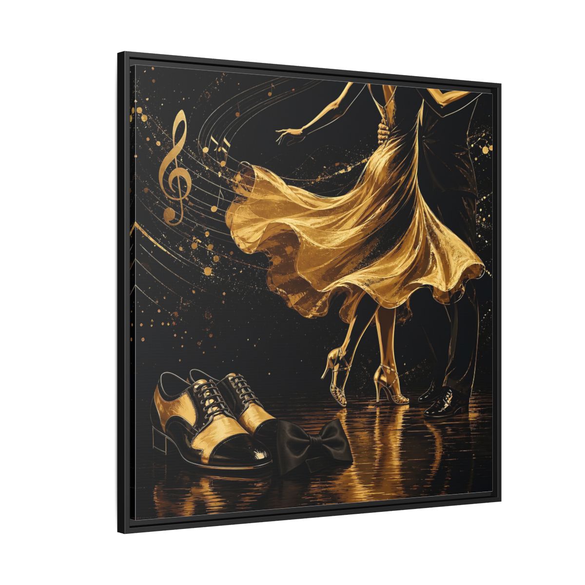 Side Mockup 6. Abstract Dancing Couple Black And Gold shown as framed canvas print
