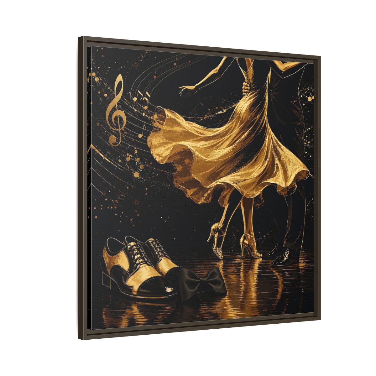 Side Mockup 8. Abstract Dancing Couple Black And Gold shown as framed canvas print