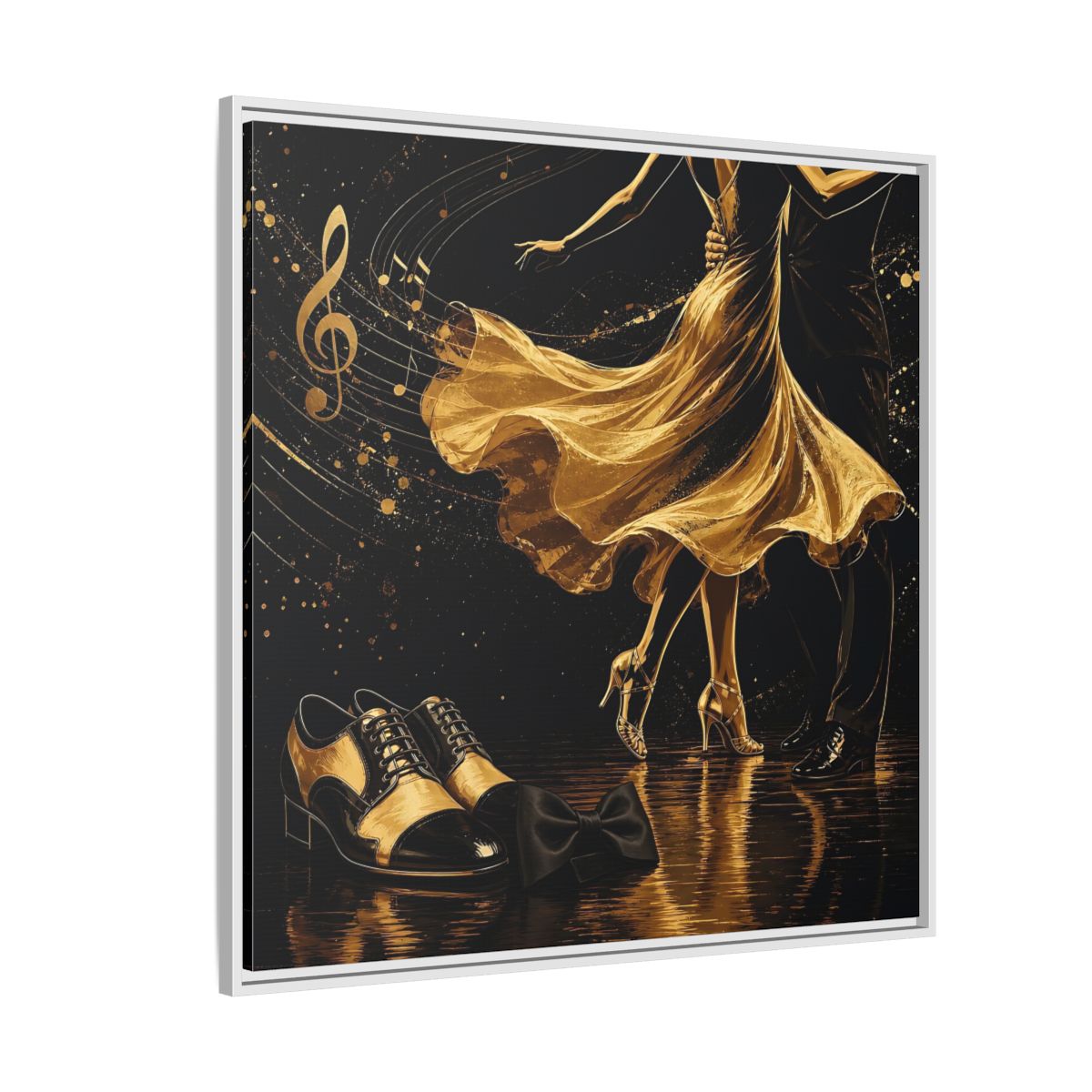 Side Mockup 4. Abstract Dancing Couple Black And Gold shown as framed canvas print