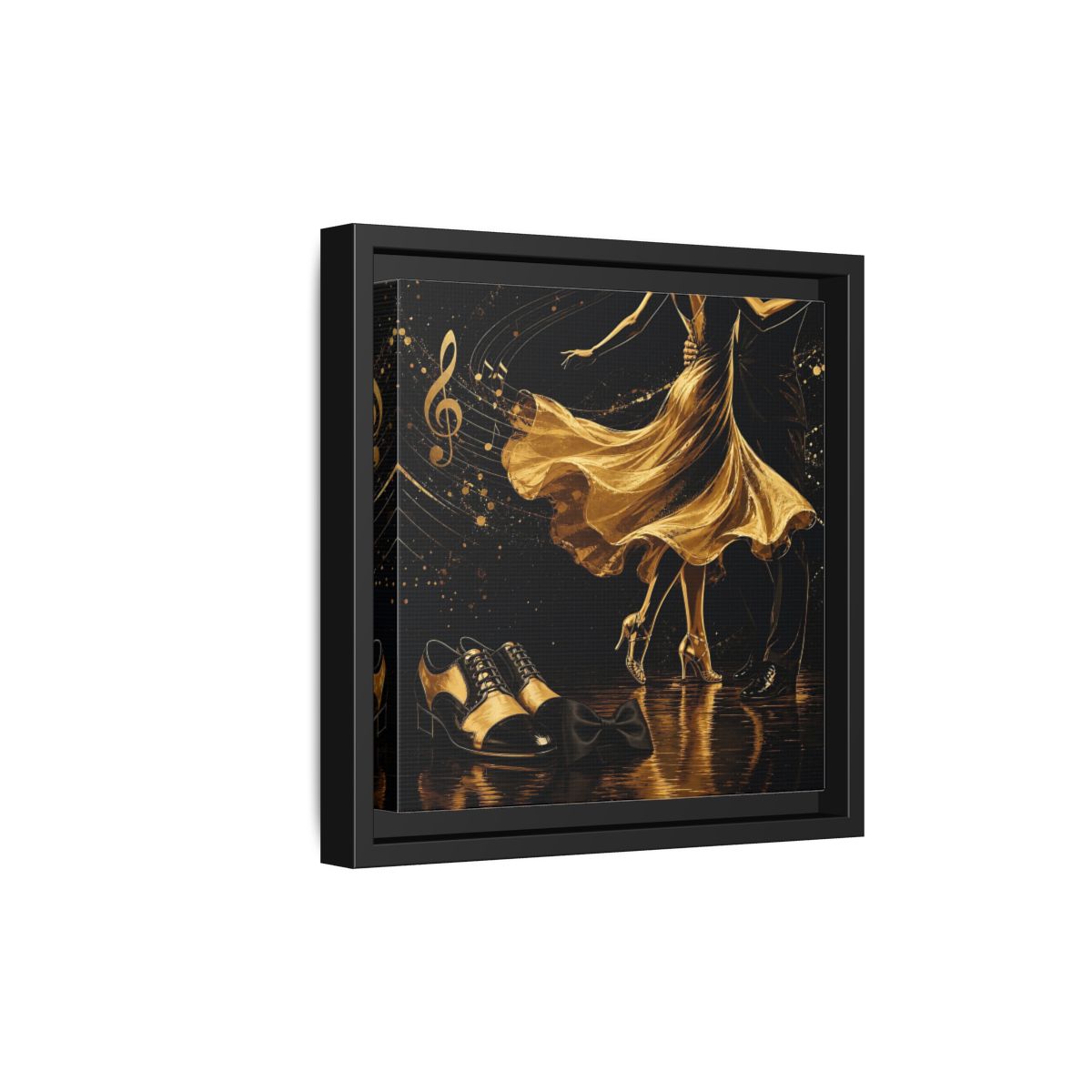 Side Mockup 21. Abstract Dancing Couple Black And Gold shown as framed canvas print