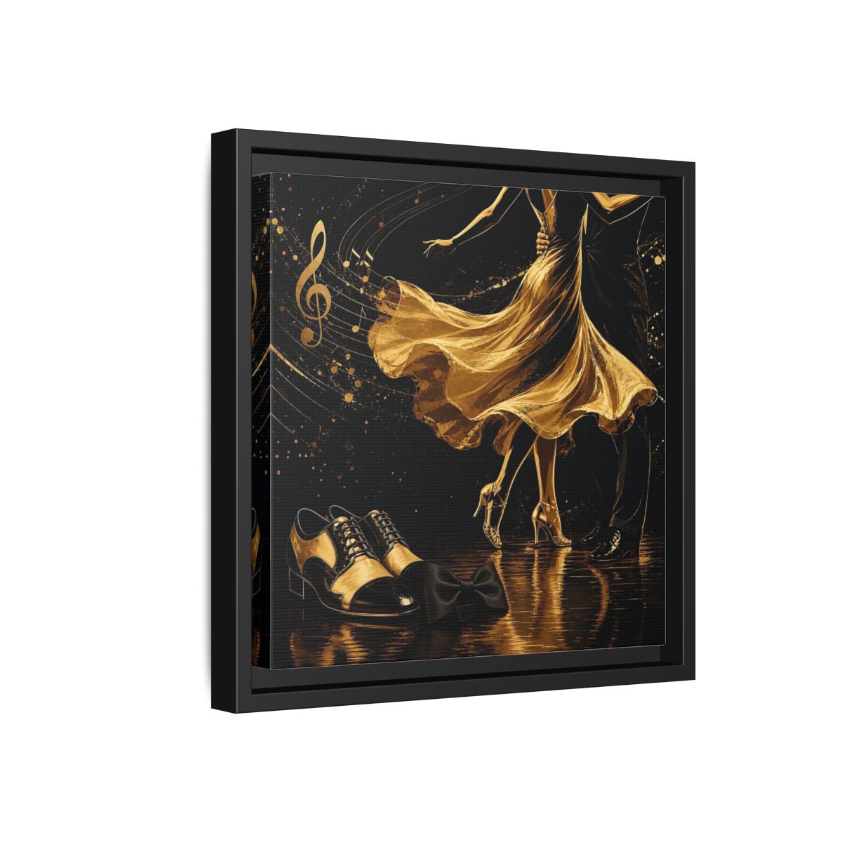 Side Mockup 18. Abstract Dancing Couple Black And Gold shown as framed canvas print