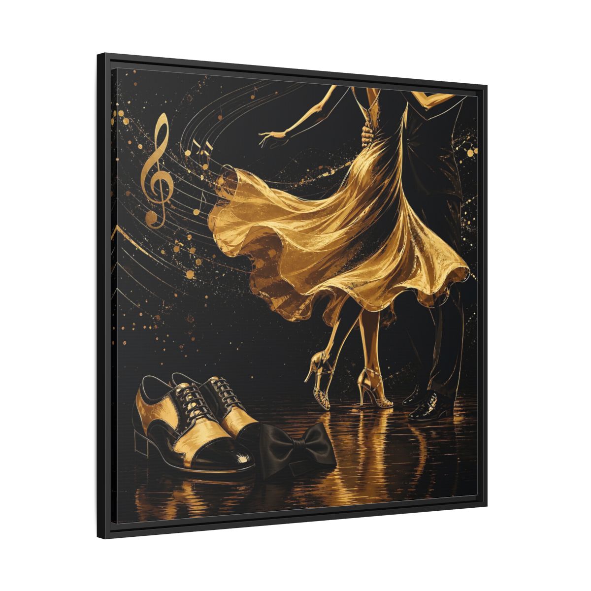 Side Mockup 30. Abstract Dancing Couple Black And Gold shown as framed canvas print