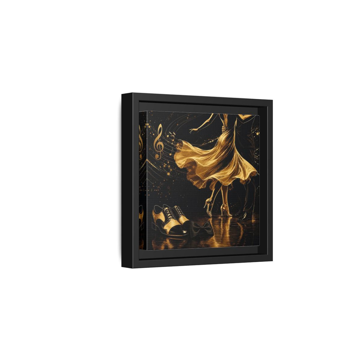 Side Mockup 3. Abstract Dancing Couple Black And Gold shown as framed canvas print