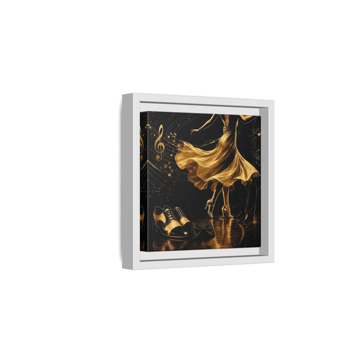 Side Mockup 1. Abstract Dancing Couple Black And Gold shown as framed canvas print
