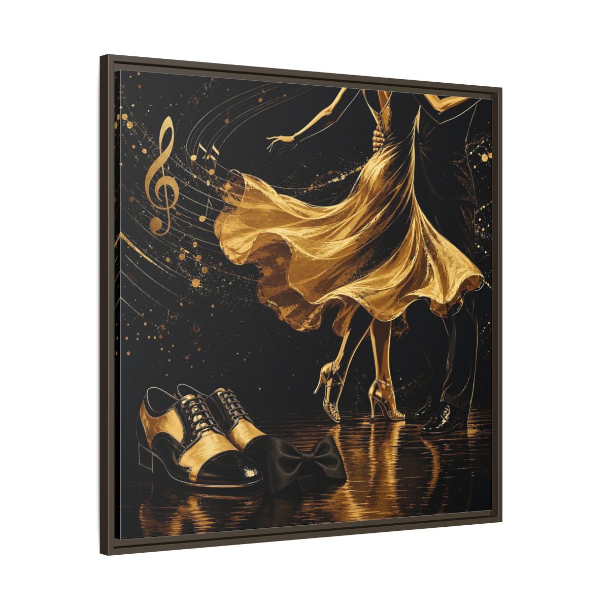Main Mockup. Abstract Dancing Couple Black And Gold shown as framed canvas print