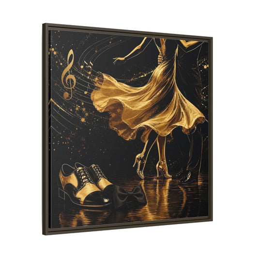 Main Mockup. Abstract Dancing Couple Black And Gold shown as framed canvas print