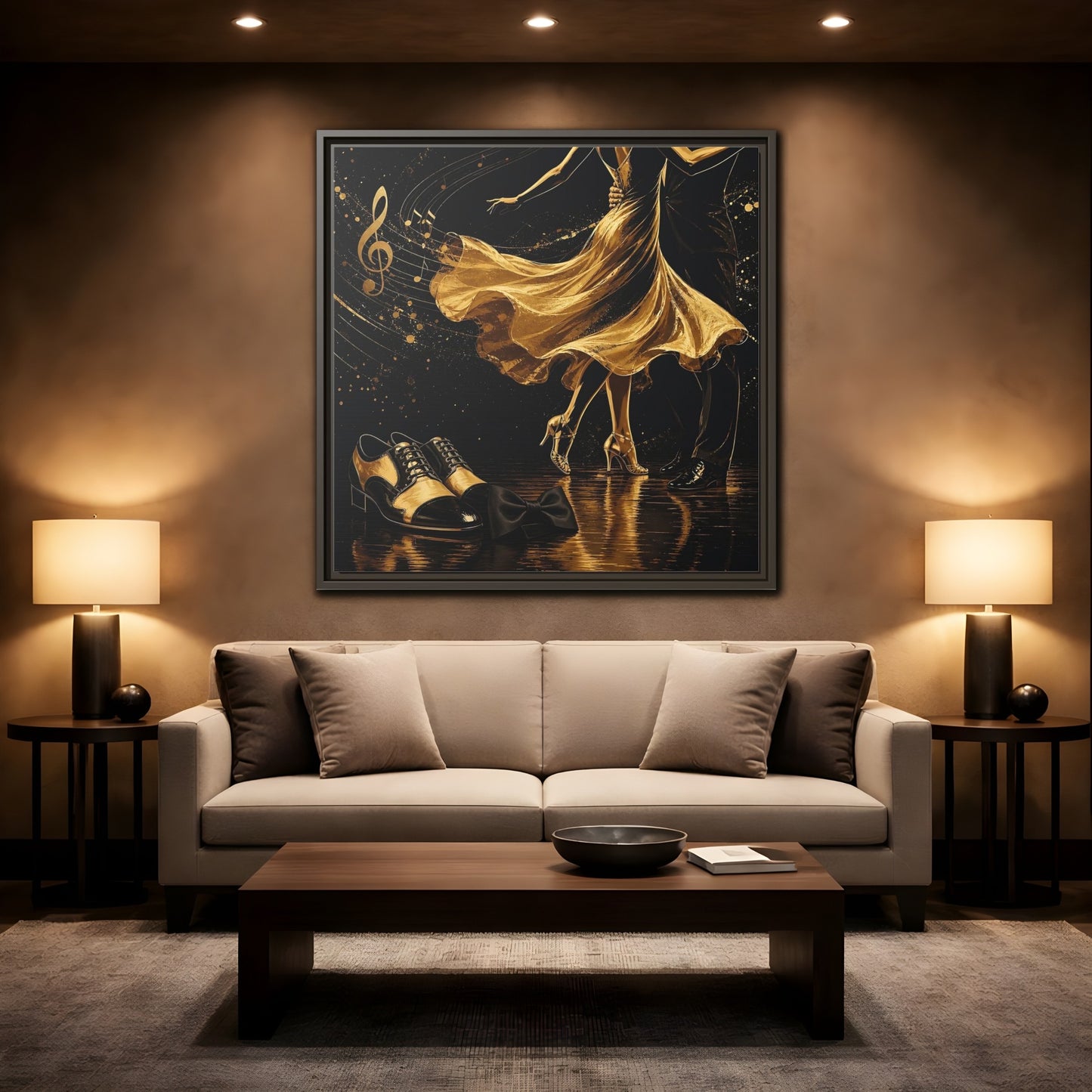 Mockup 2. Abstract Dancing Couple Black And Gold shown as framed canvas print