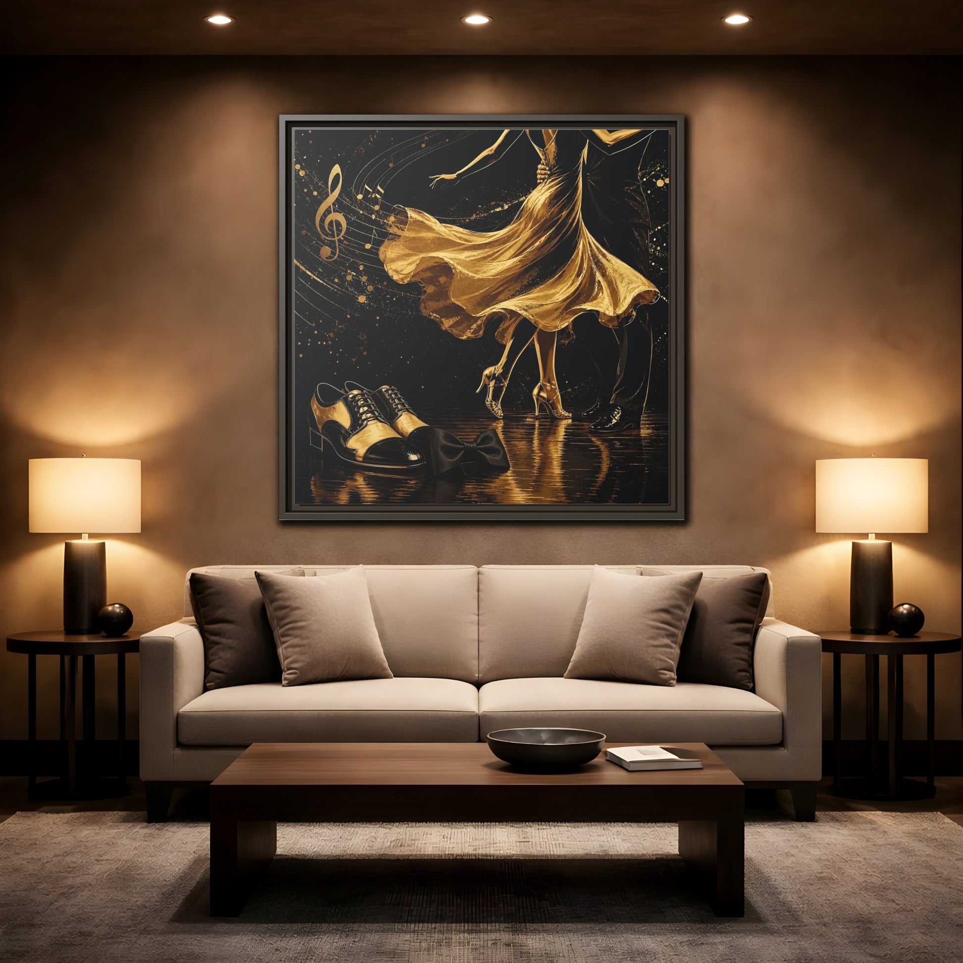 Mockup 2. Abstract Dancing Couple Black And Gold shown as framed canvas print