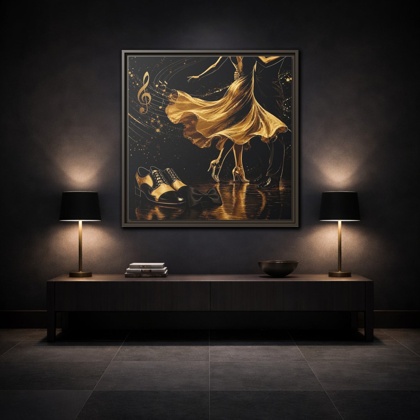 Mockup 3. Abstract Dancing Couple Black And Gold shown as framed canvas print