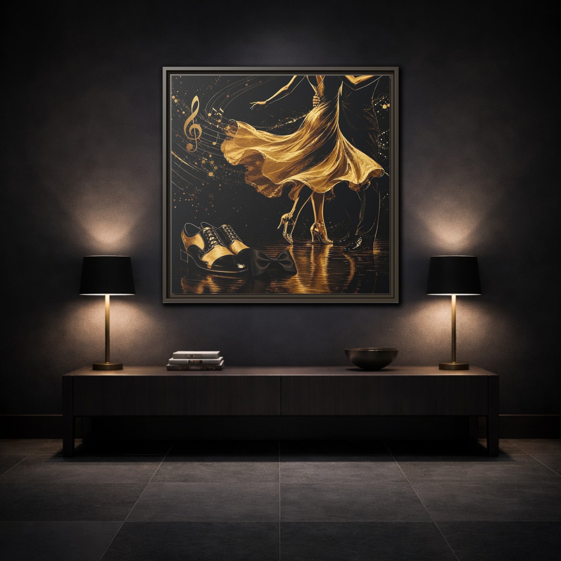 Mockup 3. Abstract Dancing Couple Black And Gold shown as framed canvas print