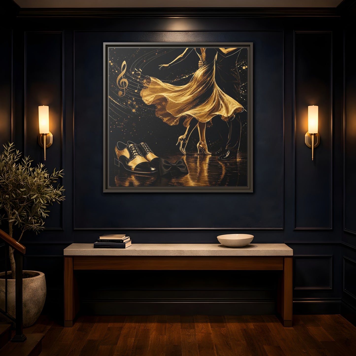 Mockup 4. Abstract Dancing Couple Black And Gold shown as framed canvas print