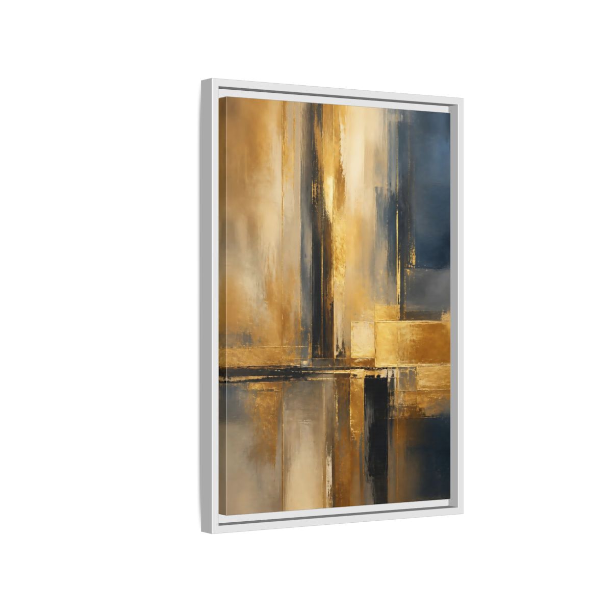 Side Mockup 1. Abstract Abstract Design Gold And Blue Abstract shown as stretched canvas wall art