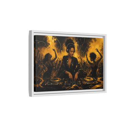 Side Mockup 4. Abstract Dj Black And Gold shown as framed canvas print