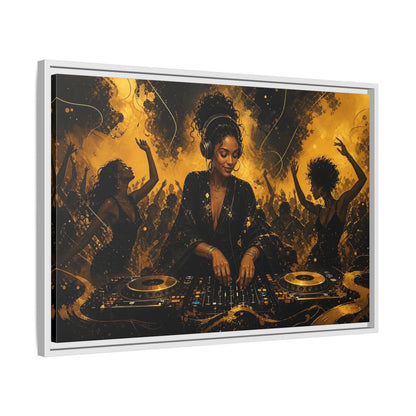 Side Mockup 10. Abstract Dj Black And Gold shown as framed canvas print
