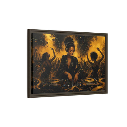 Side Mockup 2. Abstract Dj Black And Gold shown as framed canvas print