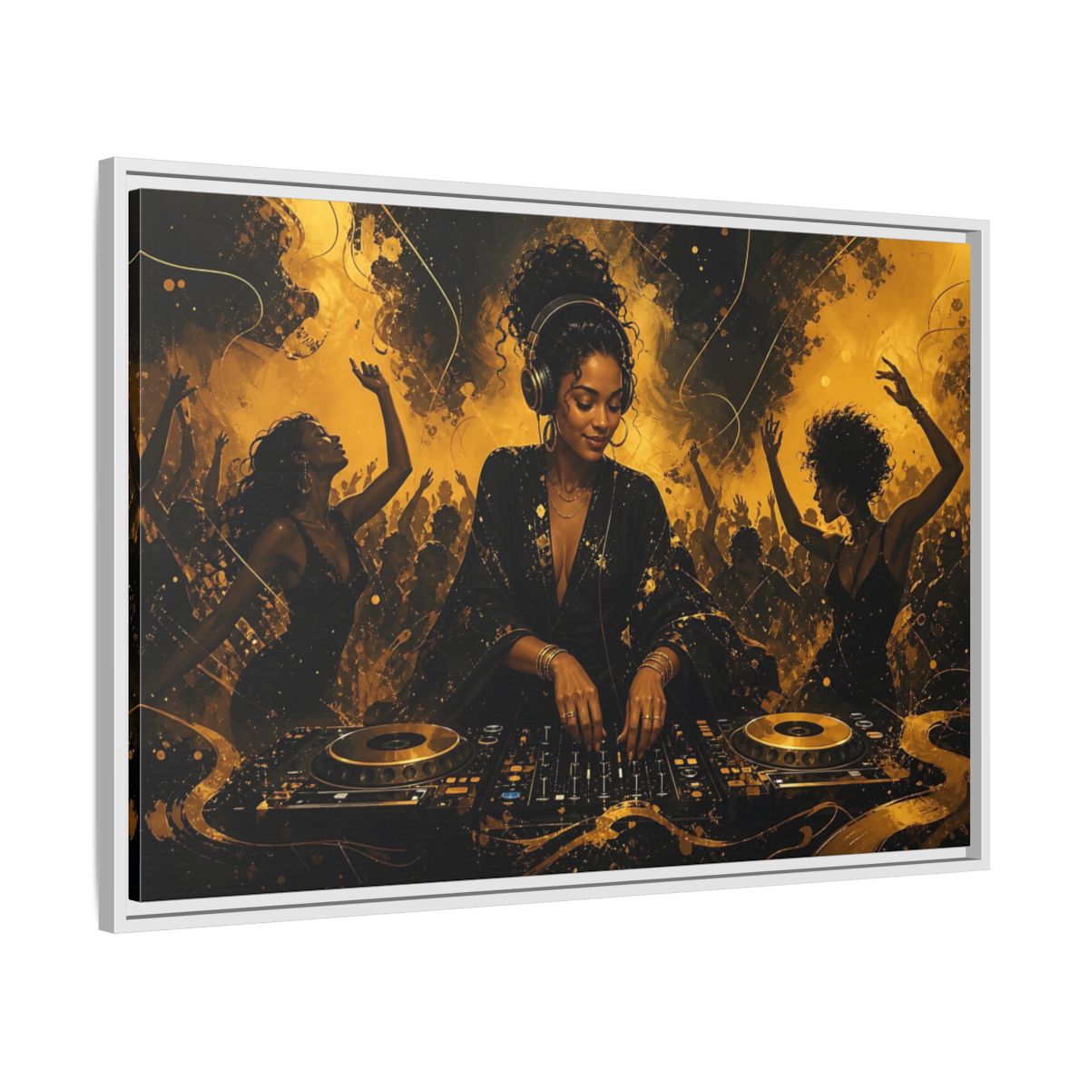 Side Mockup 9. Abstract Dj Black And Gold shown as framed canvas print