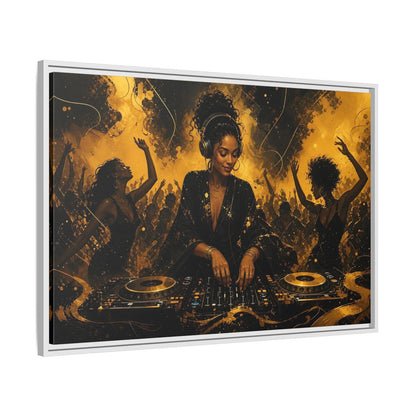 Side Mockup 9. Abstract Dj Black And Gold shown as framed canvas print