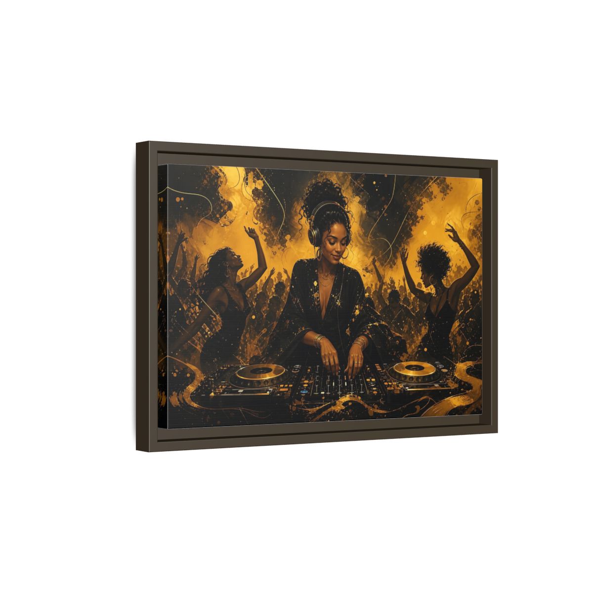 Side Mockup 5. Abstract Dj Black And Gold shown as framed canvas print