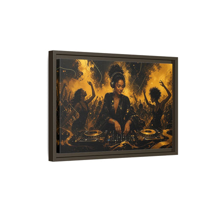 Side Mockup 5. Abstract Dj Black And Gold shown as framed canvas print