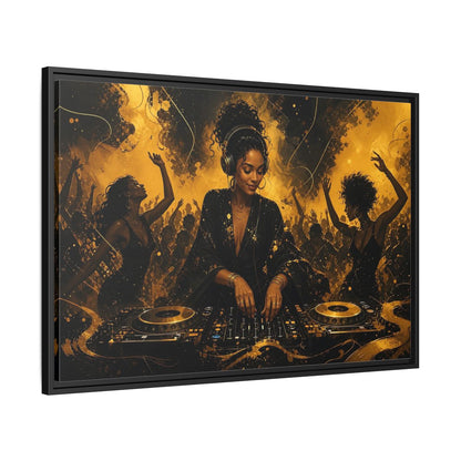 Side Mockup 13. Abstract Dj Black And Gold shown as framed canvas print