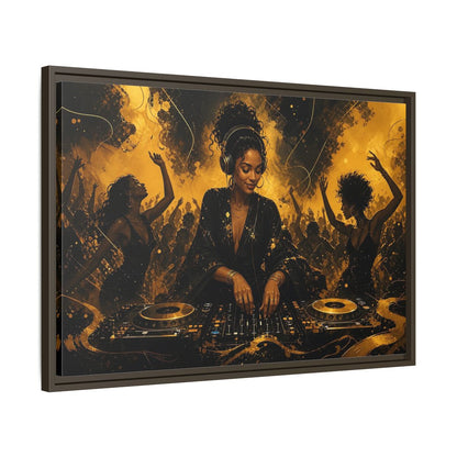 Side Mockup 11. Abstract Dj Black And Gold shown as framed canvas print