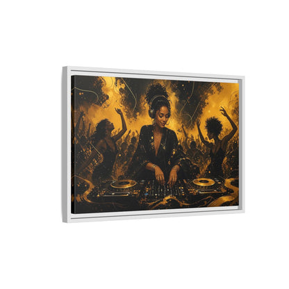 Side Mockup 1. Abstract Dj Black And Gold shown as framed canvas print