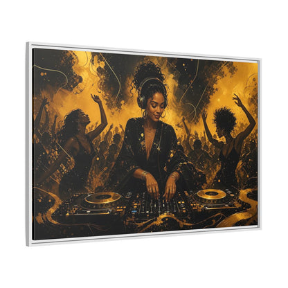 Side Mockup 7. Abstract Dj Black And Gold shown as framed canvas print