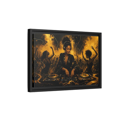 Side Mockup 6. Abstract Dj Black And Gold shown as framed canvas print