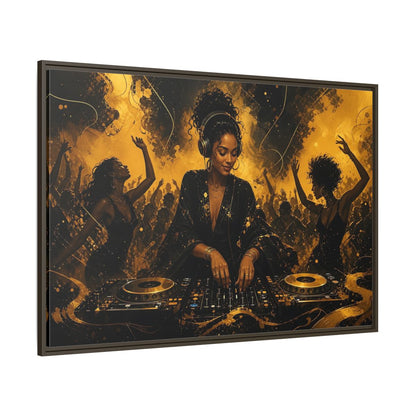 Side Mockup 8. Abstract Dj Black And Gold shown as framed canvas print