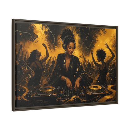 Main Mockup. Abstract Dj Black And Gold shown as framed canvas print