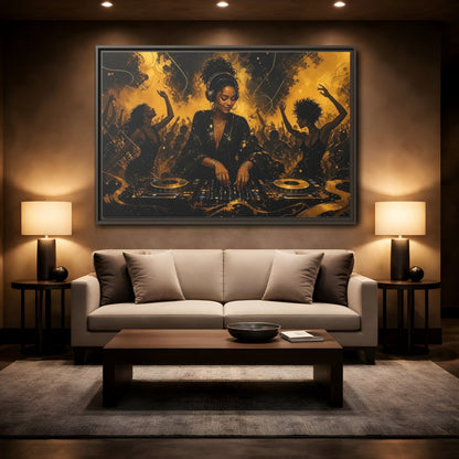Mockup 2. Abstract Dj Black And Gold shown as framed canvas print
