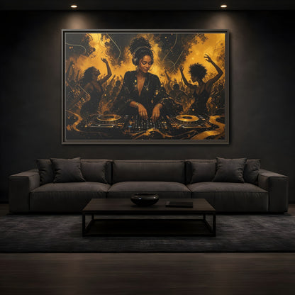 Mockup 3. Abstract Dj Black And Gold shown as framed canvas print