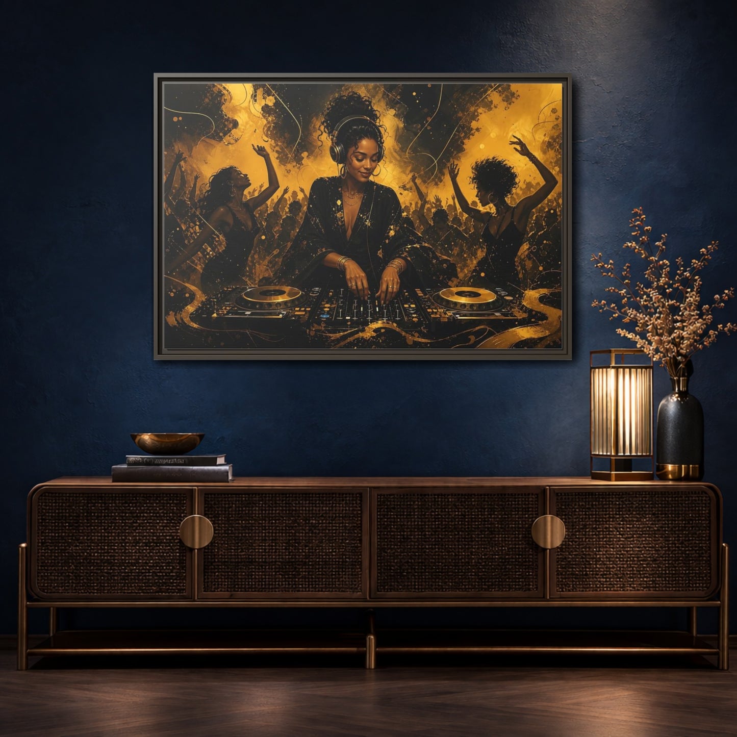 Mockup 4. Abstract Dj Black And Gold shown as framed canvas print