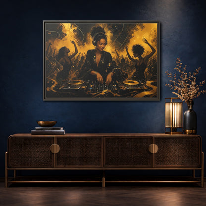 Mockup 4. Abstract Dj Black And Gold shown as framed canvas print