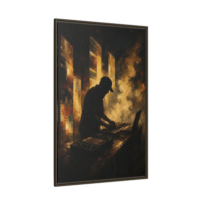 Side Mockup 8. Abstract Dj Golden Brown shown as framed canvas print