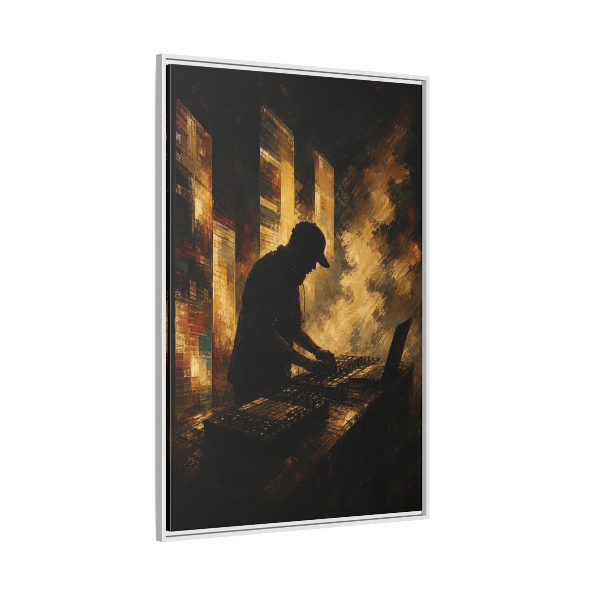 Side Mockup 7. Abstract Dj Golden Brown shown as framed canvas print