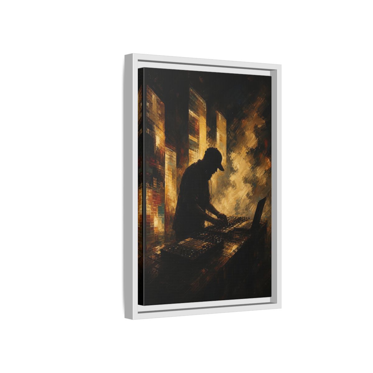 Side Mockup 4. Abstract Dj Golden Brown shown as framed canvas print