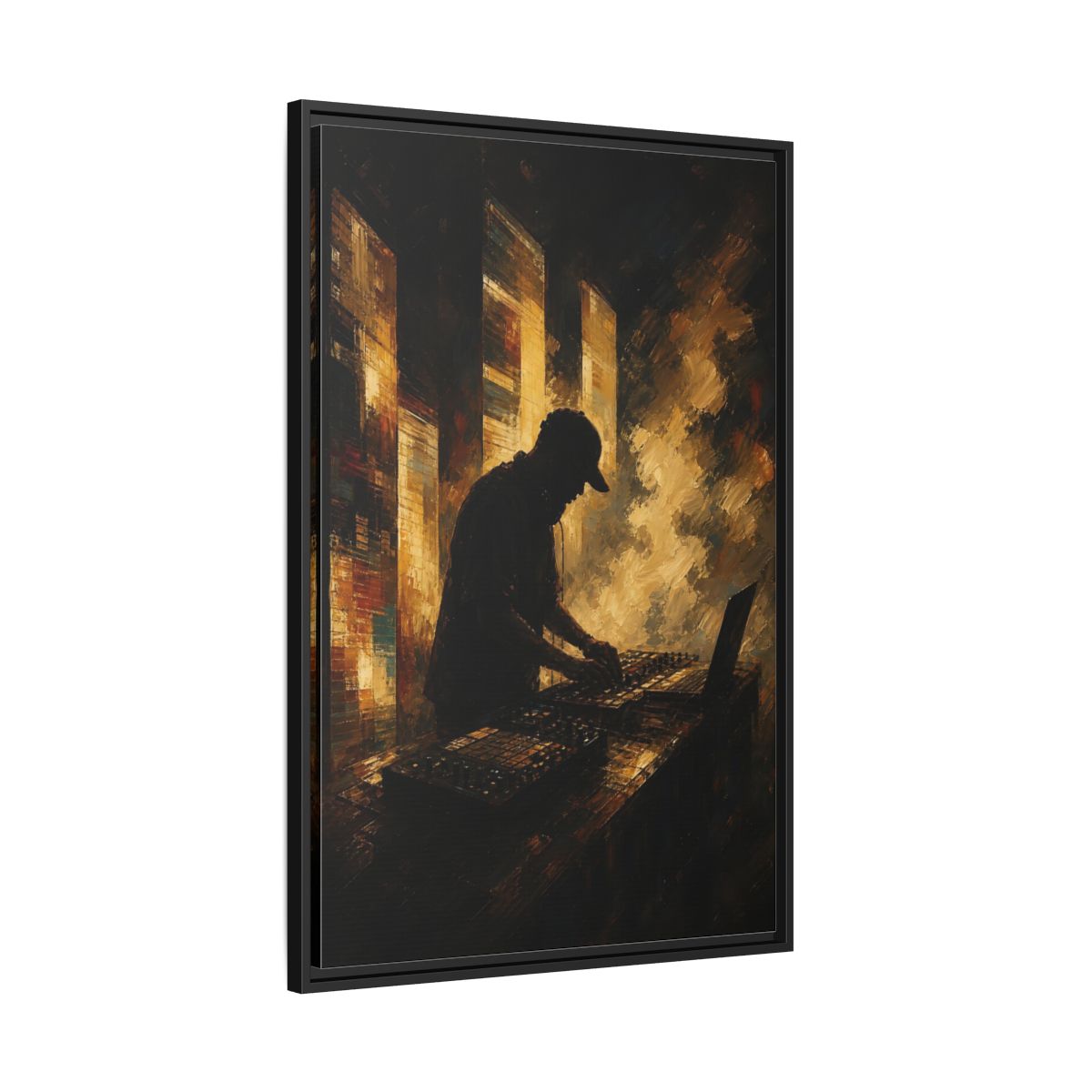 Side Mockup 13. Abstract Dj Golden Brown shown as framed canvas print