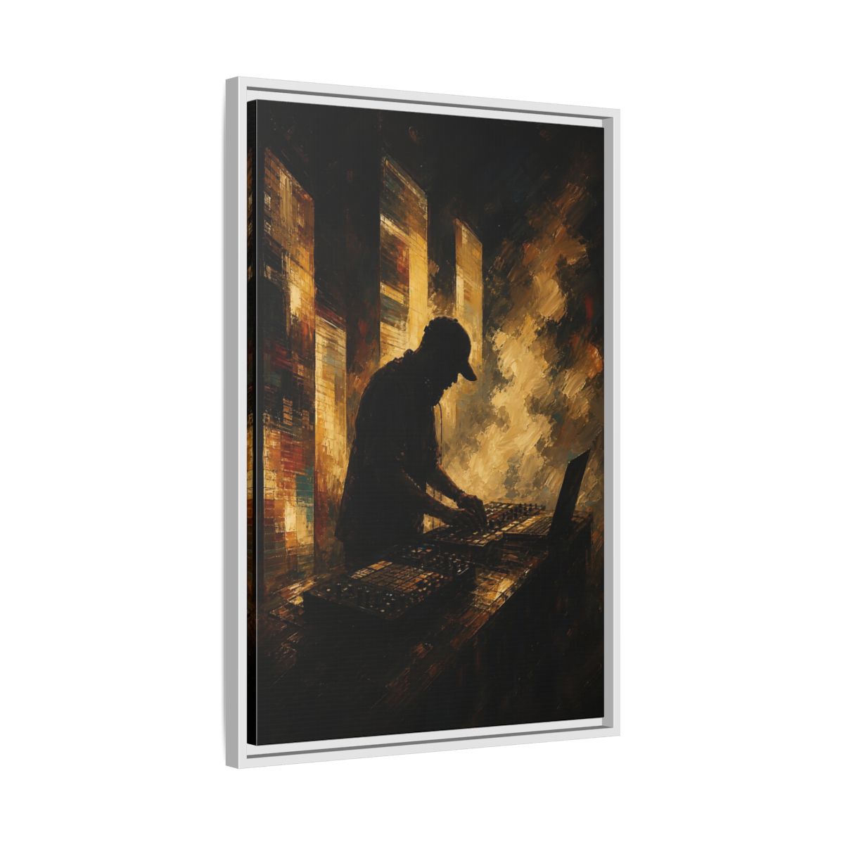 Side Mockup 10. Abstract Dj Golden Brown shown as framed canvas print